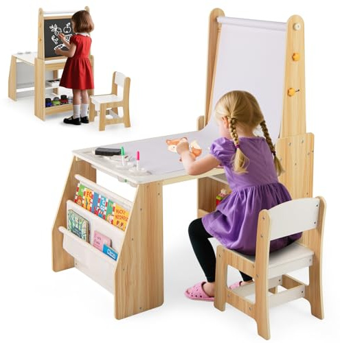 COSTWAY Table Enfant avec Chaise & Tableau Noir & Tableau Blanc, Table à Dessin avec 2 Étagères Ouvertes & Bibliothèque, Rouleau de Papier, Bureau Enfant avec Rangement, Chevalet pour 3 Ans+ (Naturel)