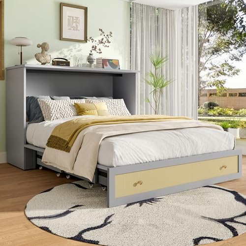 TIZZ Cama con armario 140 x 200 Mueble con cajones en el pie de la cama, estante en la cabecera, toma USB. Cama abatible con plataforma. Sin colchón. Gris