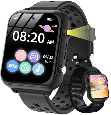 POKUJNFY Smartklocka Barn för Pojkar Flickor - Ring Telefon SOS 16 Spel HD Kamera Video MP3 Musik Spelare Kalkylator Väckarklocka Timer - Digitala Smartklocka för Barn Presenter