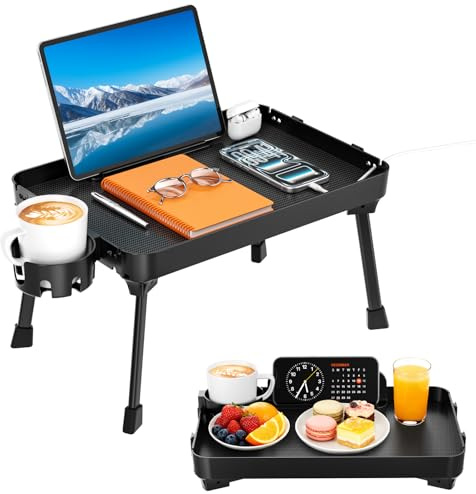 KDD Bandeja para Cama,Mesita Desayuno con Patas Plegables,con Portavasos Extraíble y Soporte para Tableta y Teléfono, Mesa Plegable Cama Ordenador Portátil para Trabajar, Refrigerios,Servir,Libros