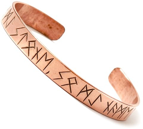 JUNKIRI Bracciale Vichingo in Rame Puro, Rune Norrene, Rigido Regolabile Unisex, Fascia Boho Hippie Fatto a Mano Nepal, Gioiello Motivazionale Uomo Donna
