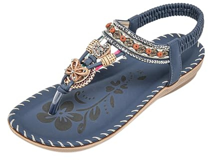 Nuoke sandalias mujer,sandalias blancas planas, planas con cuentas para, de con tiras elásticas en T Zapatos Blancos (Navy, 41)