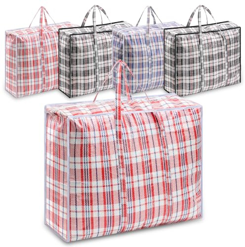 5 Pack XXL Extra Large Strong Laundry Storage Bags With Zip, 80x60x28CM | Durable & Reusable PP Bags, Reinforced Handles, Waterproof, Foldable, Heavy Duty for Moving, Clothes Storage and Travel