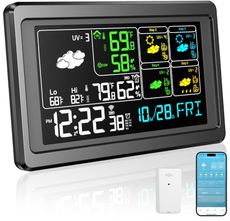 AIYUNDI WiFi Estación Meteorológica Interior Exterior, Pantalla a Color 8, Conecta 3 Sensores Inalámbricos, Alcance 60 m, Monitor de Temperatura y Humedad para Casa, Jardín y Terraza