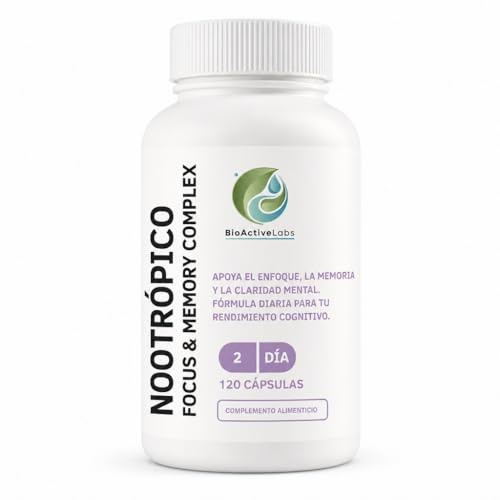 BioActiveLabs Nootrópico Focus & Memory Complex | Bacopa, Ginkgo Biloba, L-Teanina, Colina y Guaraná | con Hierro y Vitaminas B para Función Cognitiva y Reducir el Cansancio | 120 Cápsulas (60 días)