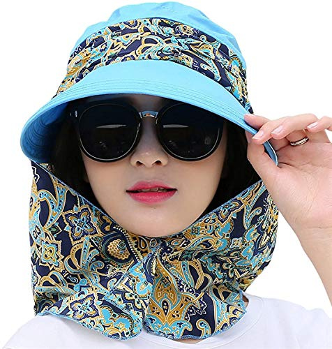 Chapeau de soleil 2 en 1 pliable avec visière amovible, à large bord, protection UPF 50 + qui protège jusqu’au cou, pour voyages, vacances, plage, cyclisme, camping, randonnées, ou course, Fille, bleu