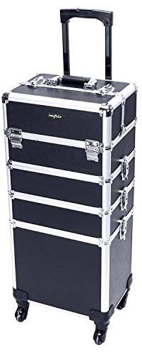 mefeir 4 in 1 Rolling Makeup Train Case, Aluminum Makeup Travel Organizer Cosmetic Case, Cosmetology Display Suitcase on Wheels, Beauty Storage Luggage Lockable w/4 Removable Wheels (Black)