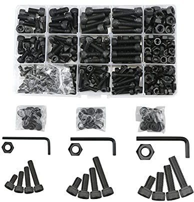 Lemiyoo Lot de 420 vis et écrous à tête hexagonale M4, M5, M6 avec écrous hexagonaux externes et rondelles assortis, avec 3 clés à douille (noir)
