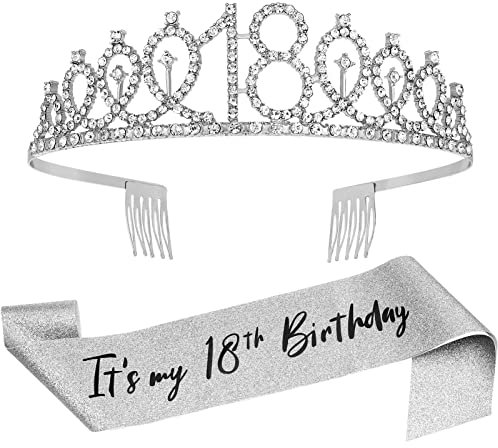 Bohoman 18. Geburtstag Krone Mädchen Birthday Schärpe Geburtstagskrone“18 & Fabulous” Schärpe und Tiara für Mädchen, 18. Geburtstag Geschenke Party Dekorationen(Silber)
