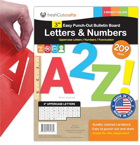 209 Pcs 3 Bright Bulletin Board Letters & Numbers, Capital, Numbers, Punctuation, US Made Card Stock Punch Out Letters for Poster, Bulletin Board, Classroom - Precut