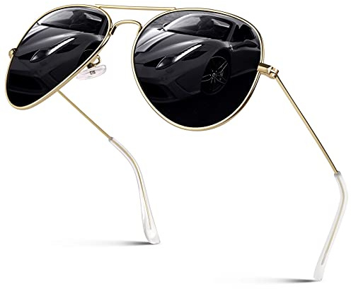 GQUEEN Lunettes de Soleil Homme Femme Classiques Léger Aviateur Pilote Polarisées Miroir Métal UV400 Protection pour Conduite,Monture Dorée Lentille Grise