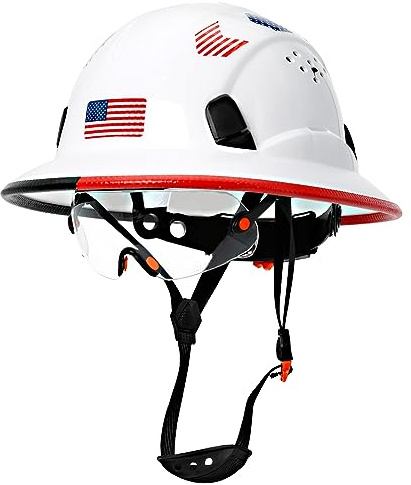 Aolamegs Safe Full Brim Hard Hats Construction OSHA Approved with Clear Visor-Cascos De Construccion Vented White Hard Hat with Chin Strap ANSI Z89.1 Type 1 Adjustable Cool Work Safety Helmet for Men