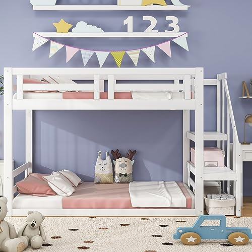 Dolamaní Hochbett 90x200cm mit Treppe, Etagenbett für Kinder mit rausfallschutz, Etagenbettgestell aus Massivholz mit Lattenrost(90X200cm, Weiß)