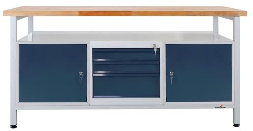 Steinbock Werkbank mit Ablageboden, 2 Türen und 3 Schubladen | 500 kg Tragkraft | HxBxT 84 x 170 x 60cm | Anthrazitgrau | 4cm Starke geölte Holzplatte | stabiles Stahlgestell | Made in EU | Werktisch
