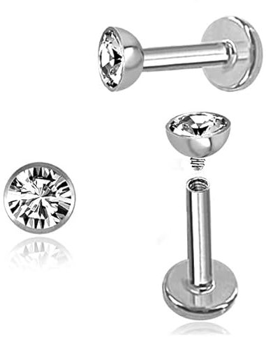 DENI 2 x Tragus Labret-Piercings mit rundem Zirkonia-Stein, 3 mm, Tragus, Ohr, kurzer Stab 6 mm und Dicke 1,2 mm, Silber