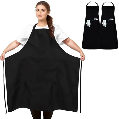 zvzvrog 2 Pack Plus Size Apron, Large Black Chef Aprons with 2 Pockets for Men Women Waiter Artist Waitress Barber, Professional Work Apron for Kitchen Cooking Painting Washing (Black, XXXL)