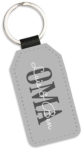 True Statements Schlüsselanhänger personalisiert „OMA“ - mit Namen der Enkel-Kinder selbst gestalten - Geschenk-Idee Muttertag Geburtstag Weihnachten - mit Schlüsselring – Kunstleder (Grau)