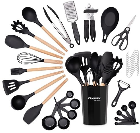 Kitchen Non Stick Cooking Utensils Set – Heat Resistant Silicone Utensils with Wooden Handle – Ladles, Spoons and Spatulas Set – Kitchen Tools & Accessories – 35pcs, Black – by Nuovva