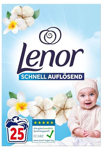 LENOR Pulverwaschmittel Sensitiv 25 Waschladungen, Baumwollblüte und Tiare-Blume, Hypoallergen