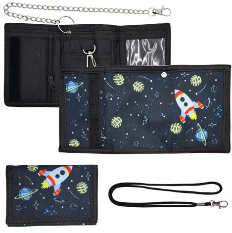 CONNECTION Weltraum Motiv Kinder-Geldbörsen mit Schlüsselband Metallkette Kinder Geldbeutel Jungs Portmonee Kinder Geldbeutel Kinder Brustbeutel Portemonnaie für Teenager,Mädchen,Jungen (Schwarz)