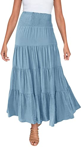 2025 Mujer Verano Elástico Cintura Alta Falda Boho Maxi Cordón A-Line Falda Larga Mujer Completo Con, azul claro, M