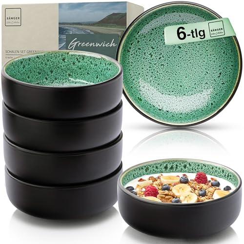 SÄNGER Greenwich | Steingut Müslischalen Bowl Schüssel 6 teilig, Schüssel Set 6 Personen, Schale spülmaschinen- mikrowellen- kratzfest, Dessertschalen, Schüsseln grün 550 ml | VALUE COLLECTION