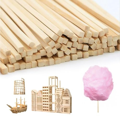 AROMUJOY 200 stycken trästavar kvadratiska, sockervaddstavar fyrkantiga, sockervaddstavar fyrkantiga 30 cm x 4 x 4 mm, träpinnar för pyssel för träarbete, konstprojekt och gör-det-själv