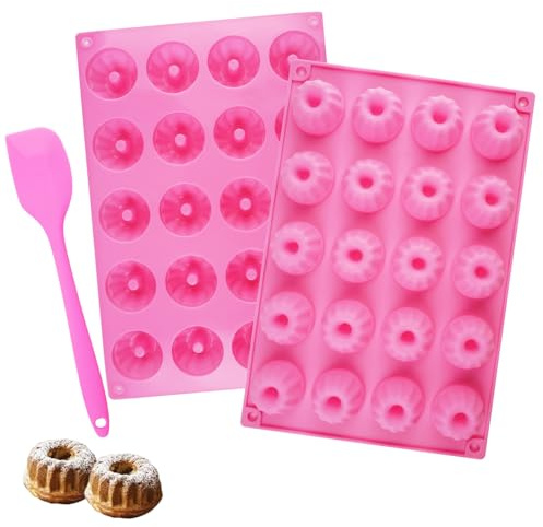 2 Piezas Moldes Savarin Silicona Savarin de Silicona 20 Cavidades Molde, Moldes de Siliconai para Donuts para Tartas Magdalenas Brownie Pudding,Reutilizable 29×19,5×2 cm, Rosa