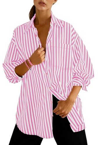 Dressmine Chemise surdimensionnée en coton rayé à manches longues et col boutonné pour femme, chemises décontractées avec poche