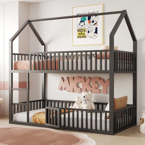Luonians Lit superposé Enfant en métal,lit cabane Enfants 90x200 avec barrière de sécurité,Design Mezzanine,lit inférieur avec Petite Porte (Noir,90x200)