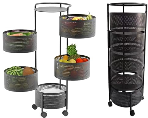 DUAS Rotating Storage Trolley – 4, 5, 6 Tier Kitchen & Bathroom Organiser with 360° Swivel Baskets – Space-Saving Metal Shelf Rack – Free-Standing with Lockable Wheels (6 Tier Round)