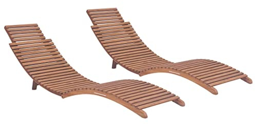 Chaises Longues Jardin, 2 Pièces en Teck Massif, Design Pliable et Réglable, Structure à Lattes Confortable, Transat Jardin Exterieur, pour Piscine, Plage, Terrasse, Teck Naturel, 175 x 50 x 55 cm