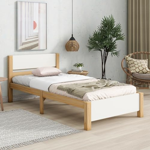 Merax Cama individual de 90 x 200 cm, cama de madera con cabecero y reposapiés, somier de láminas estable, marco de madera de pino con metatarso, espacio debajo de la cama, estilo sencillo, marco de