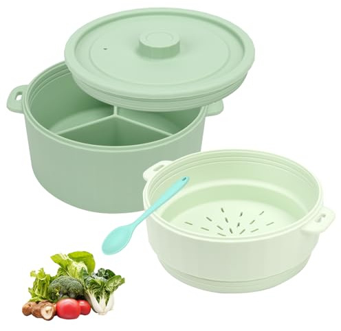 BestYiJo Doppio Cuocivapore per Microonde, Contenitore per Microonde lavabile in lavastoviglie per Cuocere al Vapore, Servire e Conservare gli Alimenti, Risparmio Energetico e Cottura Rapida, Grün