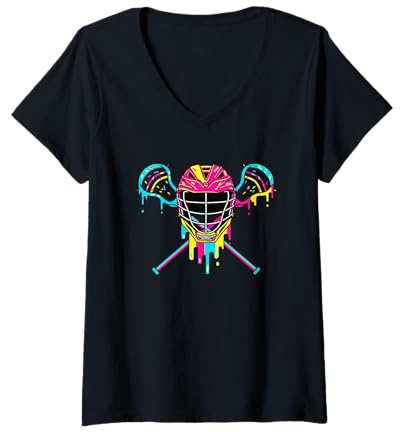 Women's Lacrosse Helmet Dripping Colors Stick Crossed Sticks Player V-Neck T-Shirt