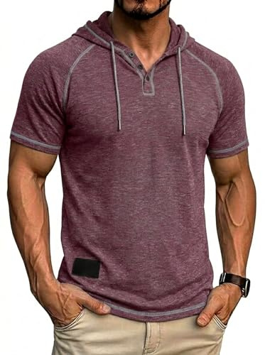 Aulemen Henley T-shirt à manches courtes à capuche pour homme et boutonnière T-shirt de sport pour homme pour fitness et loisirs Taille M à 3XL