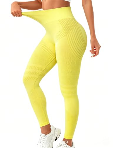 LEEQBCR 1 Pcs 3D Anticelulitico Leggins Mujer Push Up,leggings anticelulitis deportivas mujer,Celulitis Compresión Leggings, Mallas Adelgazante Anti Cellulite(Amarillo: M)