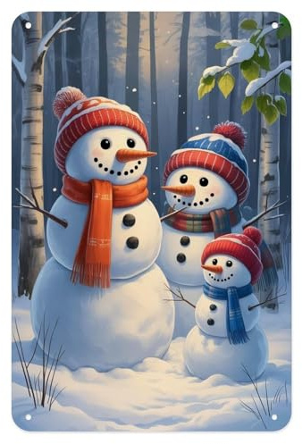 Muñeco De Nieve Familia Muñeco De Nieve De Invierno Placa Metálica Decoración Letreros De Estaño Resistente Y Duradera Letrero De Lata para Patio Pared Cocina 20X30Cm