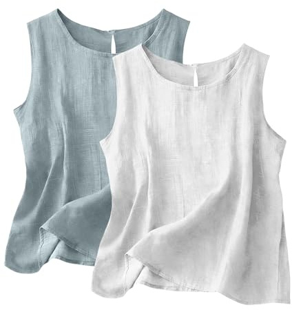 2 Pack Linen Vest Tops for Women UK, Summer Cotton Sleeveless Tops Crew Neck Lounge Vests Lightweight Breathable Cami Solid Color Plain Casual Tee Shirts Trendy Blouse Ladies Tank T-Shirt