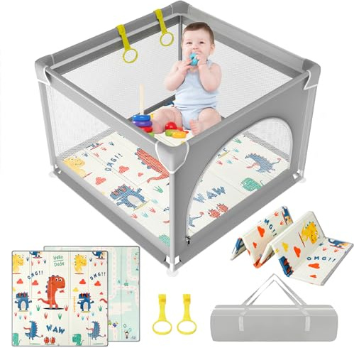 YOBWOK 90x90cm Parque Infantil Bebe con Alfombra Bebe,Corralito Bebe con Acolchado Espuma y Malla Transpirable,Parque de Juegos Bebe Plegable con Colchon y Puerta Lateral,Playpen Bebe