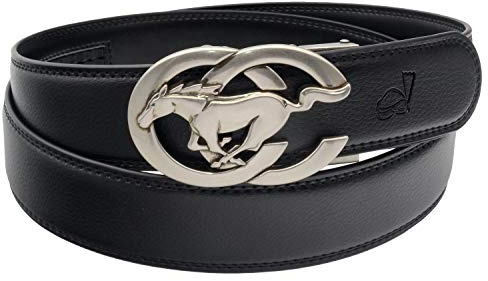 QHA Mens Leather Ratchet Belt Runing Horse Automatic Buckle 35mm Wide Q27 Silver Black 34-38