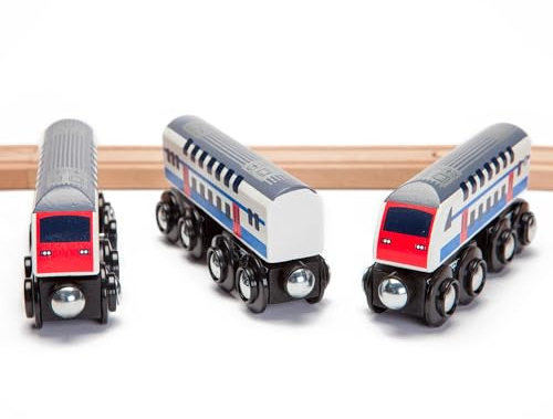 Maxim Enterprise, inc. Double Decker Wooden Train Set of 2 Engines & 1 Passenger Car, Multi-Level Commuter Transit Toy, Compatible with Thomas & Friends, BRIO, Other Major Brand Railways