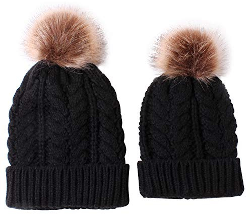 2 Pack Parent-Child Knit Hat Mother & Child Baby Family Matching Cap Winter Warm Crochet Beanie Hat with Pom Pom (Black)