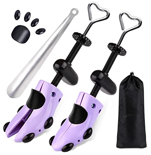 Shoe Stretcher Women, Plastic Pair of 4-way Adjustable Shoe Expander Shoe Tree Widener for Wide Feet Bunions, Shoe Shaper Extender Stretch Width Length Height, Women’s Size 5.5-10, Purple/Black