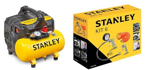 STANLEY DST 100/8/6 - Compressore Silenzioso (59dB) &Kit 6 Pezzi Set per Aria Compressa - Kit