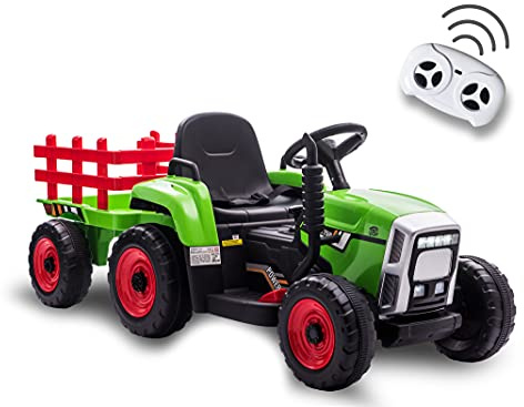 Teorema Giocattoli Trattore Elettrico per Bambini 12V con Radiocomando Parentale, Luci Suoni MP3 USB, Mezzo Cavalcabile Max 30kg, Trattore Giocattolo Robusto con Rimorchio, Guida Avanti e Indietro