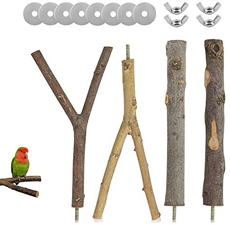 4 Stücke Vogel Spielzeug, Natur Sitzstangen für Vögel, Naturholz Sitzstangen, Sitzstangen für Vogelkäfige, 2 Spezifikationen, mit 8 Unterlegscheiben und 4 Flügelmuttern, für Papageien, Vögel