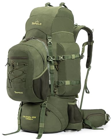 Tripole Colonel Pro Sac à Dos 105L Voyage & Randonnée avec Sac de Jour Amovible – Pour Femmes et Hommes, Sac à Dos Étanche avec Cadre Interne et Housse de Pluie, Camping & Trekking – Vert Militaire