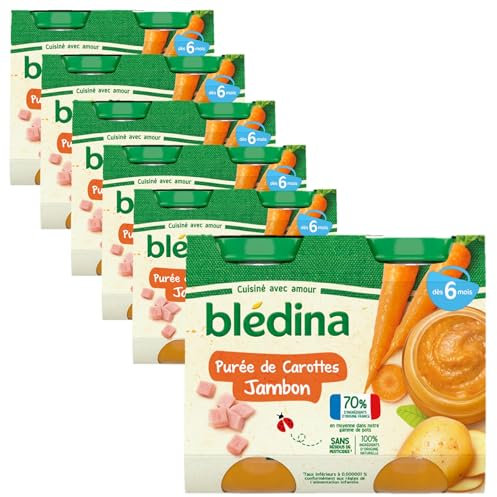 Blédina - Petits pots pour bébé - Purée de Carottes Jambon - 70% d'ngrédients Français - Dès 6 mois - 12 pots de 200g