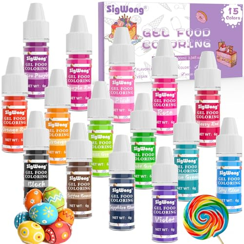 Gel Food Coloring - 15 Colors Flavorless Gel Based Food Color Dye, Vibrant Edible Concentrated Food Coloring for Cake Cookie Decorating, Easter Egg, Icing, Fondant, Baking, Macaron (6g/Bottle) - Vegan
